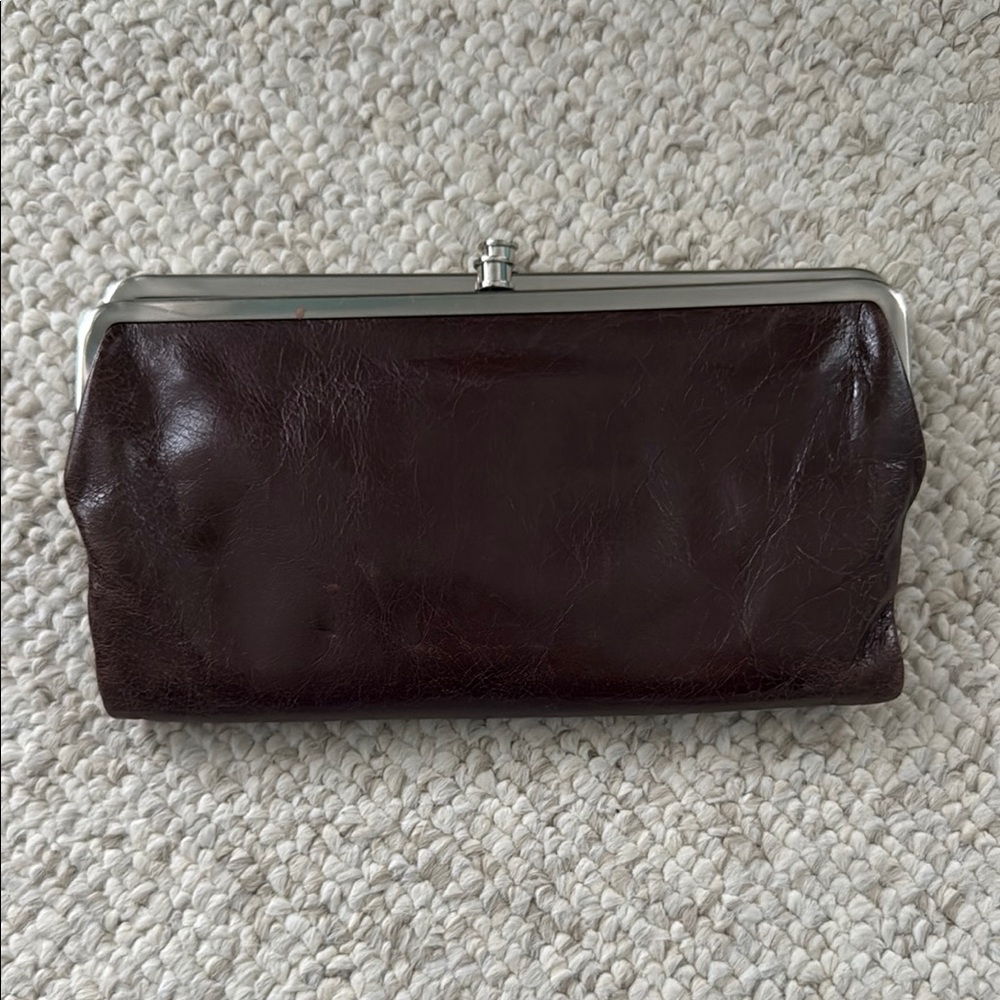 Dark Brown Leather Clutch with Silver Frame